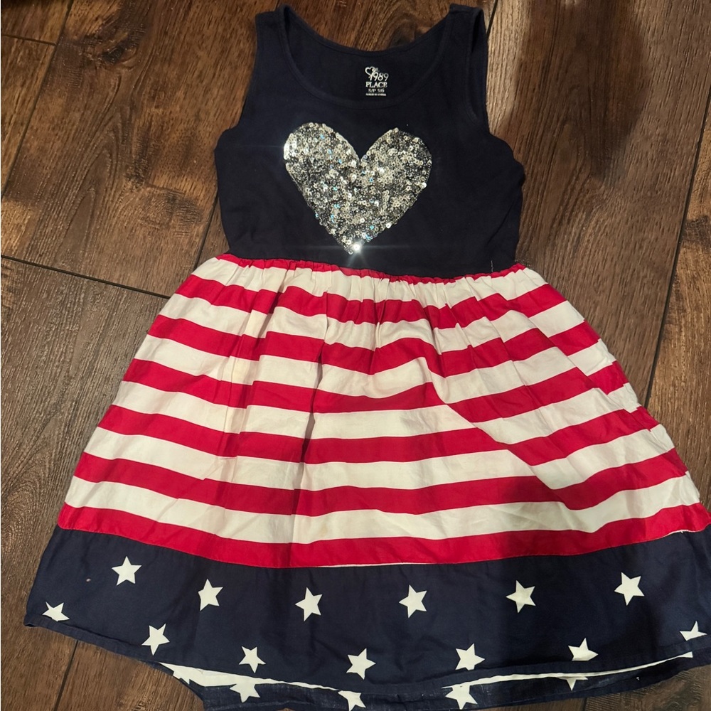 Navy and Red Striped Kids Dress with Heart Design, Size 5/6T